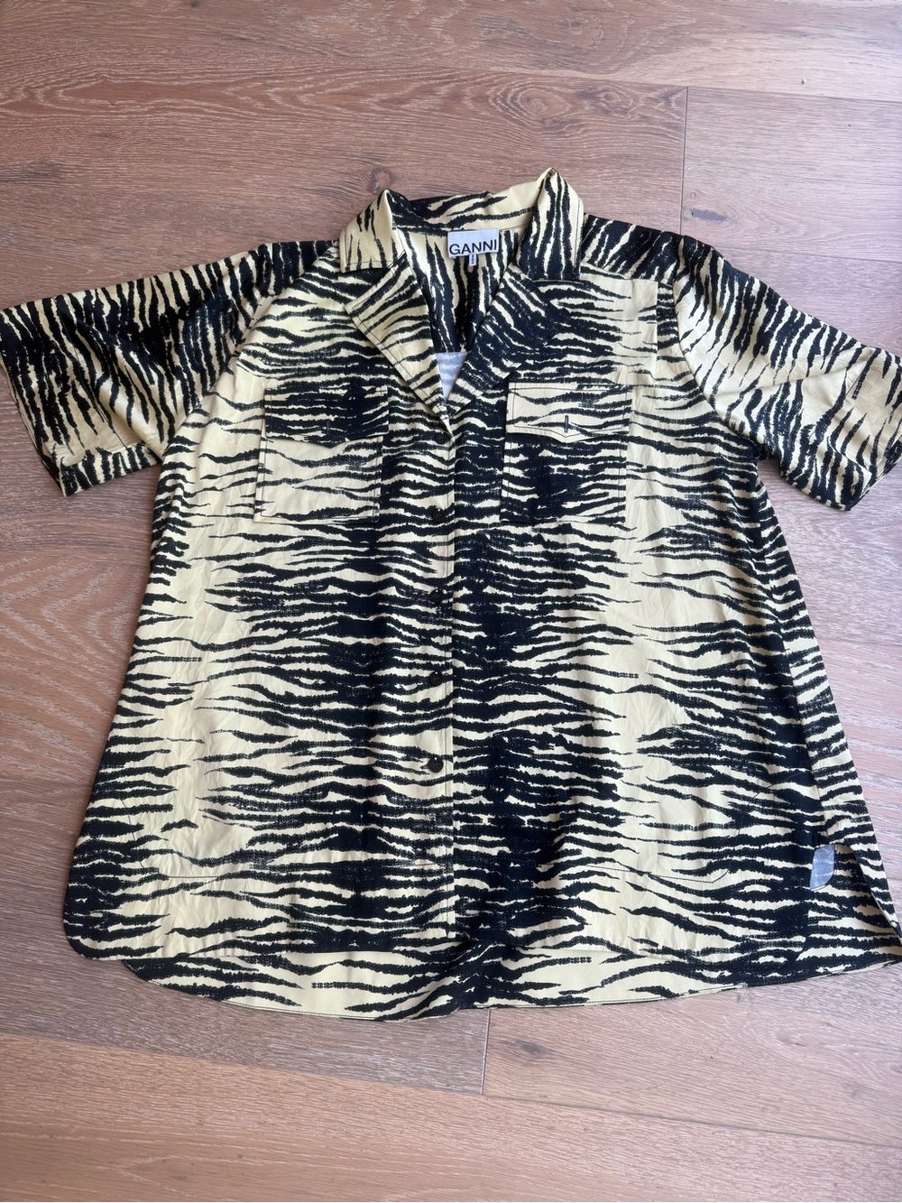 Ganni Black and Yellow Tiger Stripe Short Sleeve Satin Shirt